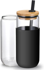 20oz Glass Water Tumbler with Silicone Protective Sleeve - Beer Can Glass Cups with Straw and Bamboo Lid, Iced Coffee Glasses, Cute Drinking Glasses for, Water Smoothie, Boba Tea, Gift - Black