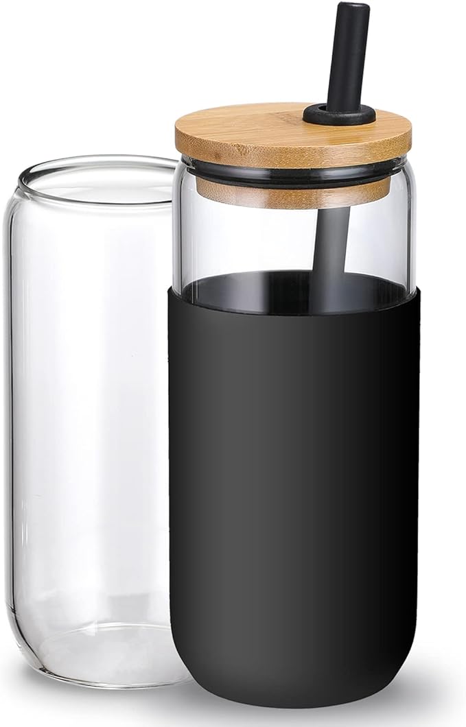 20oz Glass Water Tumbler with Silicone Protective Sleeve - Beer Can Glass Cups with Straw and Bamboo Lid, Iced Coffee Glasses, Cute Drinking Glasses for, Water Smoothie, Boba Tea, Gift - Black