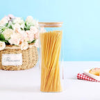 3 Pack Square Kitchen Storage Jars with Airtight Bamboo Lids and 132 Pantry Labels - 80oz Glass Canisters with Wood Lids - Food Storage Containers for Spaghetti, Pasta, Fettuccine
