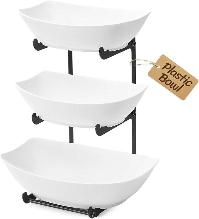 Lifewit Plastic Fruit Bowl for Kitchen Counter, 3 Tier Fruit Basket with Black Metal Stand, Tiered Fruit Holder for Countertop Serving Tray for Vegetable/Dessert in Party 28 x 21 x 35cm/11 x 8.4 x 14