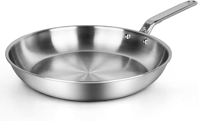 12 Inch Stainless Steel Frying Pan - 5 Ply Stainless Clad Skillet with Aluminum Core, Durable and Even Heating, Professional Cookware for Induction, All Stoves, Oven and Dishwasher Safe