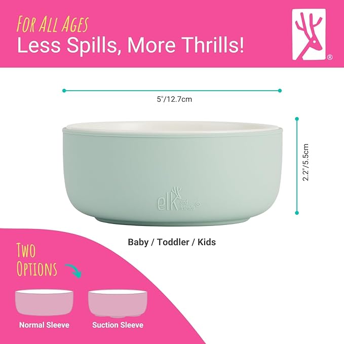 Elk and Friends Kids Porcelain Bowls with Silicone Suction Sleeves | Suitable for Babies/Toddlers | Microwave & Dishwasher Safe | Stay Put Dinnerware | Snack Dishes | 4 Pack