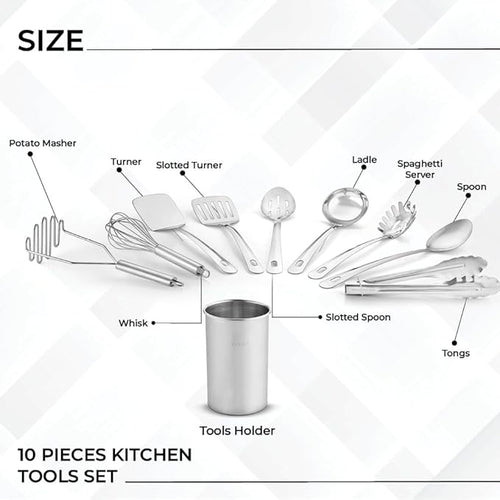 Avador® Premium Set of 10 Stainless Steel Kitchen Tool Set with Holder Easy To Clean, Space Saving, Great for Cooking, Baking, Prepping