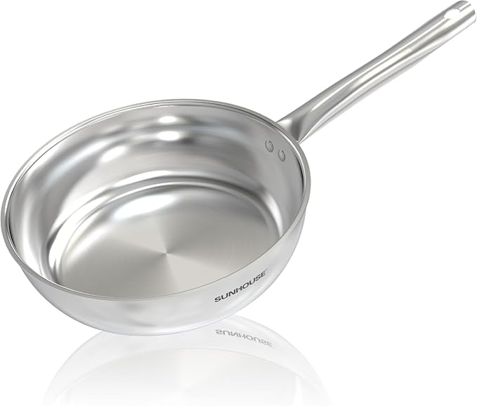 Sunhouse Tri-Ply Stainless Steel Pan, 8-Inch Frying Pan, Oven Safe Up to 500°F, Dishwasher Safe, Compatible with Induction, Electric, Gas Cooktops, Cool Handles Grip