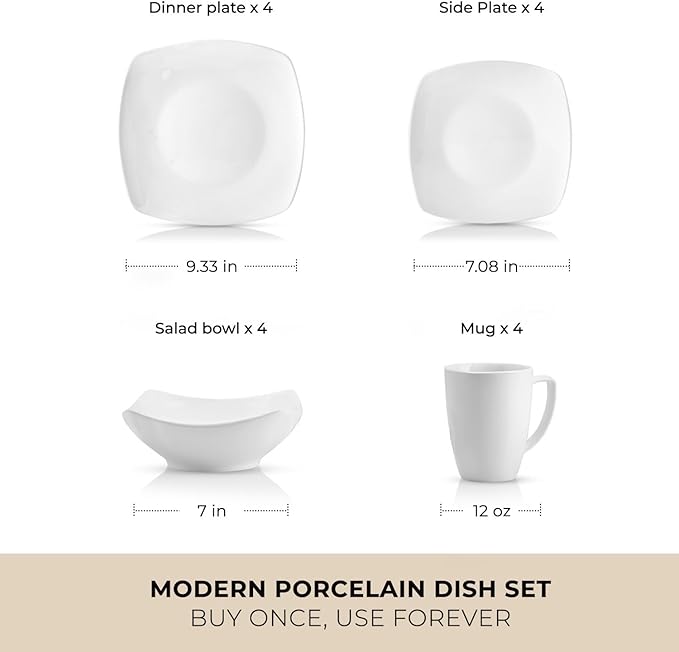 Zulay Kitchen Luna Plates and Bowls Sets, 16 Piece Modern Porcelain Dish Set for 4, Chip and Scratch Resistant Square Dinnerware Set, Microwave and Dishwasher Safe, Pearl White