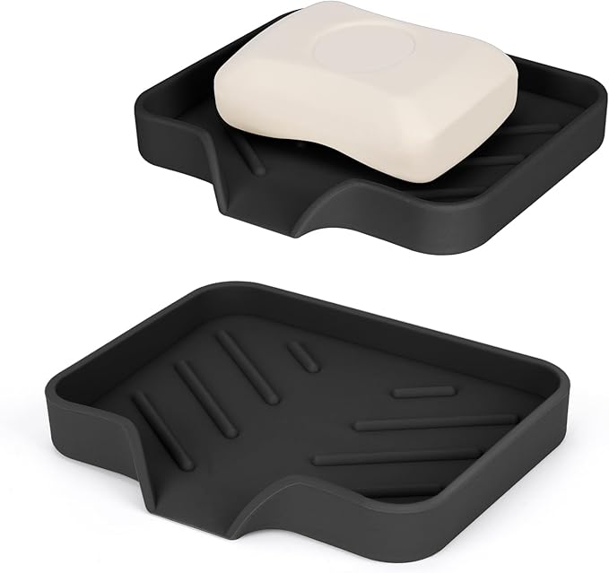2 Pack Silicone Soap Dish, Self Draining Soap Dish, Non Slip Bar Soap and Sponge Holder for Bathroom Kitchen Sink Counter Organizer, Easy to Clean Soap Tray Waterfall Soap Saver 4.7"×3.9"