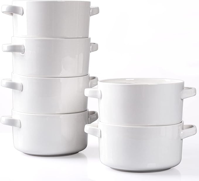 DELLING Soup Bowls with Handles Set of 6, 24 Oz Ceramic French Onion Soup Crocks Oven Safe - Large Soup Mugs for Chili Stew Cereal, Microwave Dishwasher Safe, White