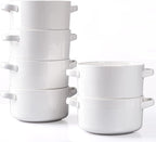DELLING Soup Bowls with Handles Set of 6, 24 Oz Ceramic French Onion Soup Crocks Oven Safe - Large Soup Mugs for Chili Stew Cereal, Microwave Dishwasher Safe, White
