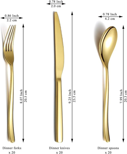 Berglander Gold Wedding Silverware Set 60pcs Service for 20, Titanium Plating Stainless Steel Flatware Set, Gold Spoons Forks Knives Set for Home, Wedding, Restaurant, Dishwasher Safe