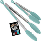 GORILLA GRIP Stainless Steel Heat Resistant Kitchen Tongs for Cooking, 9 + 12 Inch, Set of 2 BBQ Tong, Non Scratch Silicone Tip for Pan, Strong Grip, Grab Food, Toss Salad, Air Fryer, Pull Lock, Mint