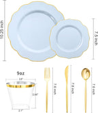 bUCLA 180PCS Blue Plastic Plates - Disposable Light Blue with Gold Rim - Include 30 Each (Dinner & Salad) Plates, 30 Knives, 30 Forks, 30 Spoons, 30 Cups for Party, Party, Birthday & Shower