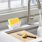 Ceramic Sponge Holder for Kitchen Sink Compact Sink Caddy Organizer - Scrub Daddy Compatible Dish Sponge Holder (White)