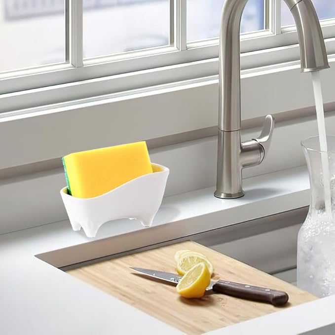Ceramic Sponge Holder for Kitchen Sink Compact Sink Caddy Organizer - Scrub Daddy Compatible Dish Sponge Holder (White)