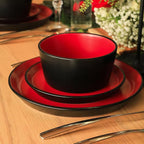 Stone Lain Albie Stoneware 32 Piece Modern Dinnerware Set, Plates and Bowls Sets, Service for 8, Red and Black, Microwave & Dishwasher Safe