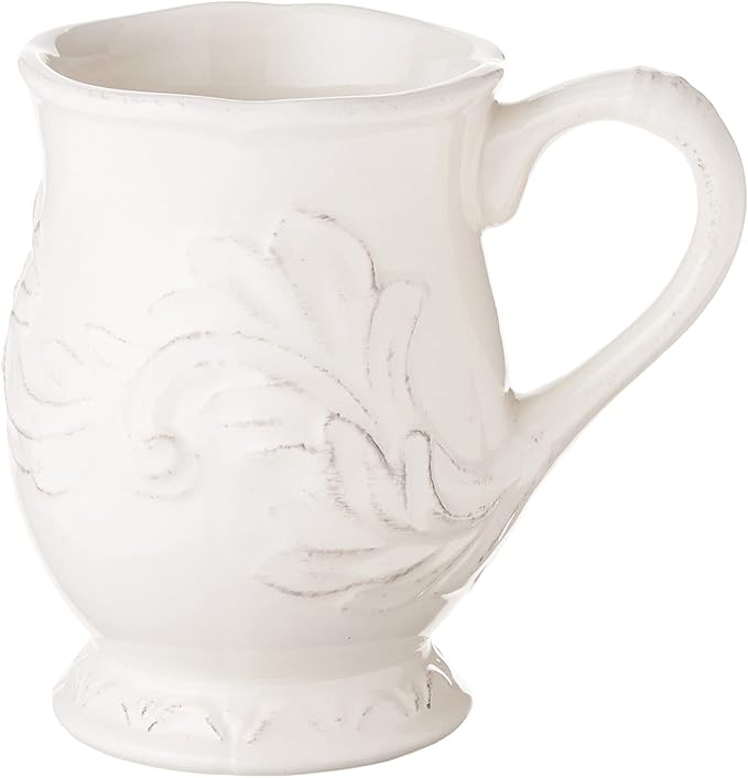 Firenze Ivory 16 oz Pedestal Ceramic Mugs, Set of 4 – Vintage-Inspired Embossed Drinkware with Easy Grip Handle – Elegant White Coffee and Tea Cups for Everyday or Entertaining