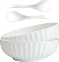 4 Quarts 2 Pcs Extra Large White Serving Bowls with Free Spoons, 12 inch Oversized Big Salad Bowls For Entertaining, Eating, Ceramic Serving Dishes, Pumpkin Serving Bowl Set For Fruit Soup Pasta