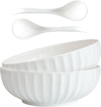 4 Quarts 2 Pcs Extra Large White Serving Bowls with Free Spoons, 12 inch Oversized Big Salad Bowls For Entertaining, Eating, Ceramic Serving Dishes, Pumpkin Serving Bowl Set For Fruit Soup Pasta