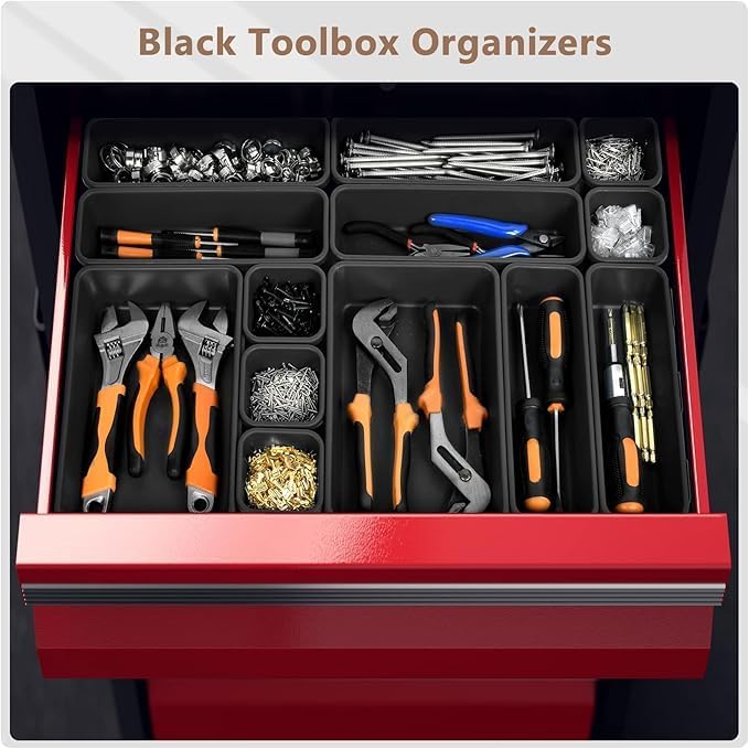A-LUGEI【XX-Large Size】【5 Pcs】 Tool Box Organizer Tray Divider【Single Size】 Black Plastic Desk Drawer Organizer Garage Organization for Wrench Plier Hammer Bit Socket Extension Screwdriver Bolt Hex key