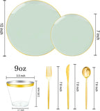 bUCLA 150PCS Green Plastic Plates - Sage Green with Gold Rim Disposable - Include 25 (Dinner & Dessert) Plates, 25 Knives, 25 Forks, 25 Spoons and 25 Cups for Party, Birthday & Spring