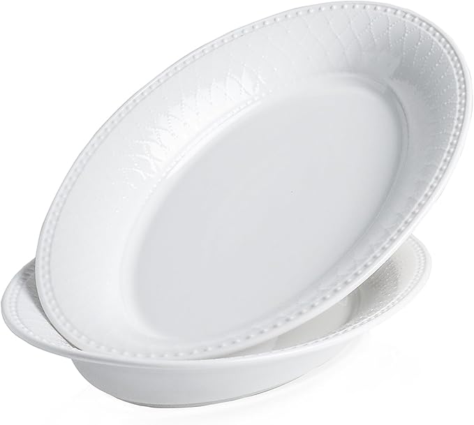 Kanwone Ceramic Large Serving Bowls, Oval Serving Platters for Entertaining, 13" Porcelain Serving Dishes for Dinner, Pasta, Salad, Turkey, Fruit, Bread, Appetizers, Microwave Safe, White, Set of 2