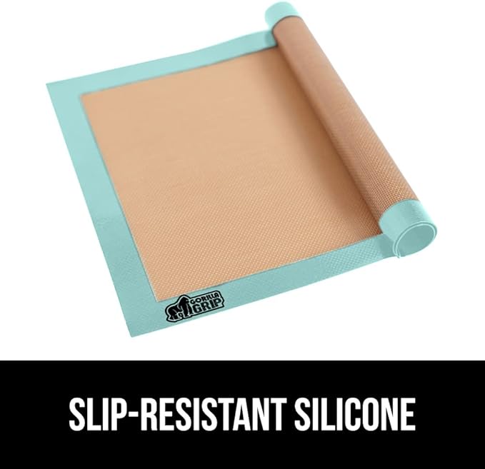 GORILLA GRIP Food Grade Reusable Nonstick Silicone Baking Mat, 16.5x11.87, Half Sheet 2PK, Oven Safe Cookie Sheet Liners, Up to 500 Degrees, No Mess Easy Clean Pastry Mats, Kitchen Essentials, Mint