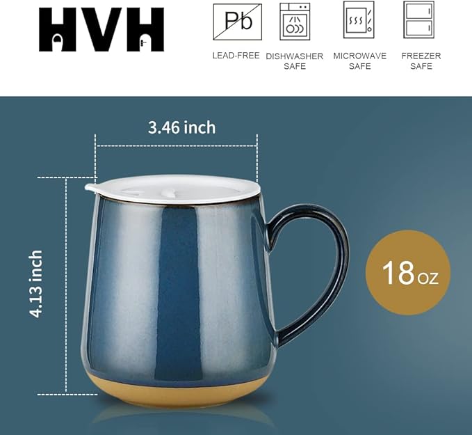 HVH Farmhouse Style Ceramic Mug Set of 4, 17oz with Lid, Large Handle, for Coffee, Tea & More (Blue)