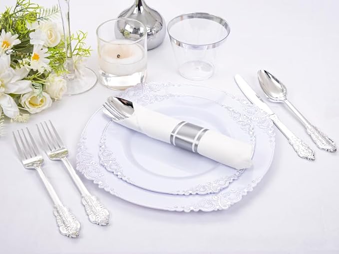 Liacere 350PCS Silver Plastic Plates&Pre Rolled Napkins for 50 Guests - Plastic Dinnerware Sets 100Silver Disposable Plates, 150Silver Silverware, 50Cups and 50Napkins for Wedding&Party