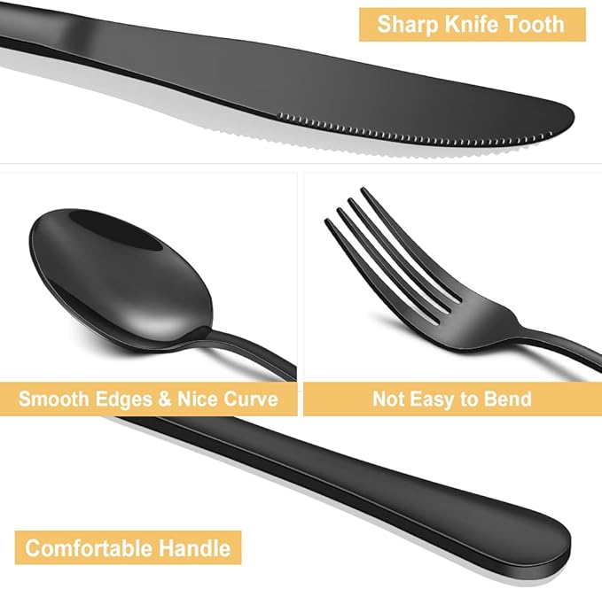 Black Silverware Set for 8, 40 Pieces Stainless Steel Flatware Cutlery Set, Mirror Polished Tableware Kitchen Utensil Set, Include Knives Spoons Forks, Dishwasher Safe (Shiny Black)