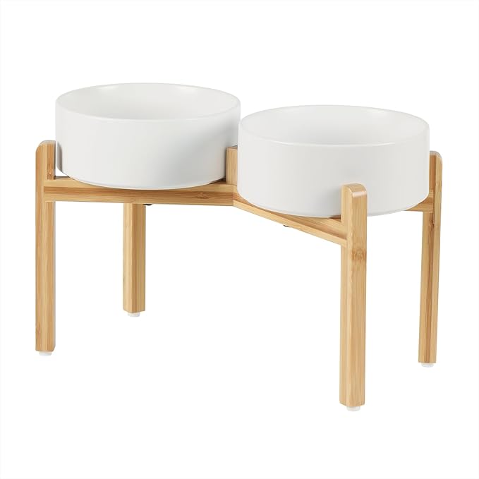 Havniva Ceramic Raised Double Bowls Set with Stand, Food & Water Bowls for Large Breed Dogs, Weighted Dog Dishes, Pet Bowl(8.2'',60OZ, White)