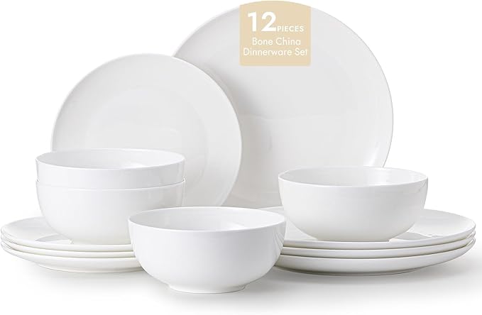 KINGSTONE 12-Piece Bone China Dinnerware Set for 4, Lightweight Porcelain Round Plates and Bowls Set, Durable Scratch Resistant Ceramic Dinner Set, Microwave & Dishwasher Safe, Ivory White