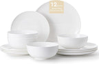 KINGSTONE 12-Piece Bone China Dinnerware Set for 4, Lightweight Porcelain Round Plates and Bowls Set, Durable Scratch Resistant Ceramic Dinner Set, Microwave & Dishwasher Safe, Ivory White