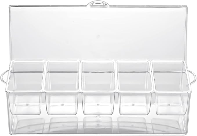 IVYHOME Ice Chilled 5 Compartment Condiment Server Caddy | Fruit Serving Tray | Condiment Pots with 5 Removable Dishes Over 2 Cup Capacity Each and Hinged Lid