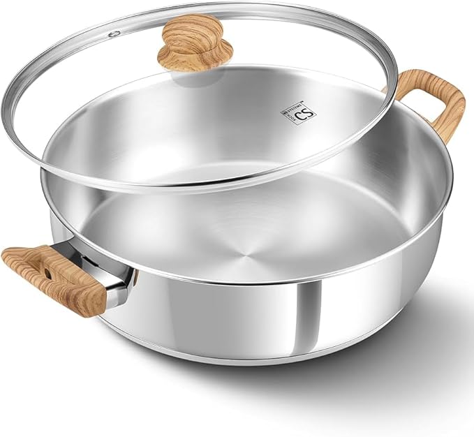 KOCH SYSTEME CS Stainless Steel Saute Pan with Lid, 12 Inch Deep Frying Pan with Double Handles, 5.5 Quart 18/10 Stainless Steel Pan with Cool-Touch Bakelite Handle, Deep Frying Pan, Induction Ready