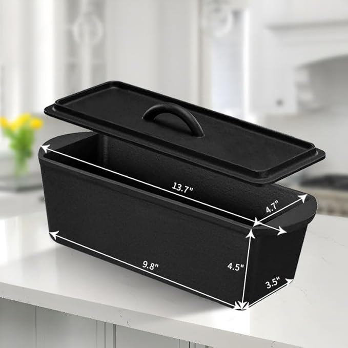 Cast Iron Bread Pan with Lid - 2LB Capacity (13x5 Inch) Large Pullman Loaf Pan for Homemade Bread - Non-Stick，Dual Handle, Pre-Seasoned, Rust-Resistant (Black-Cast Iron)