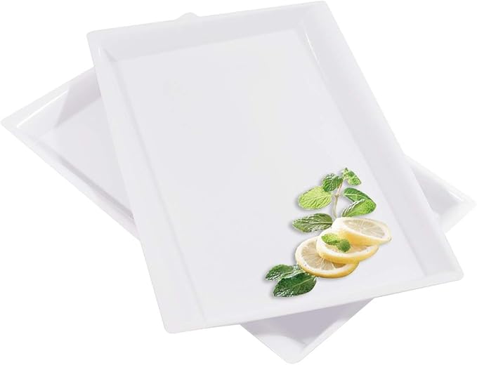 I00000 8 Pack White Plastic Serving Tray, 15" x 10" Rectangle Food Trays, Disposable Serving Platter for Parties, Internal Inclined Design Perfect for Weddings and Party