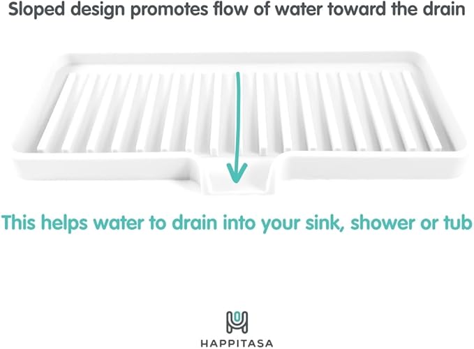 Happitasa Silicone Soap Dish Tray and Sponge Holder with Drain Chute | Bathroom and Kitchen Sink Organizer Caddy (Light Grey, 9"x3.5", 5.6 Ounces)