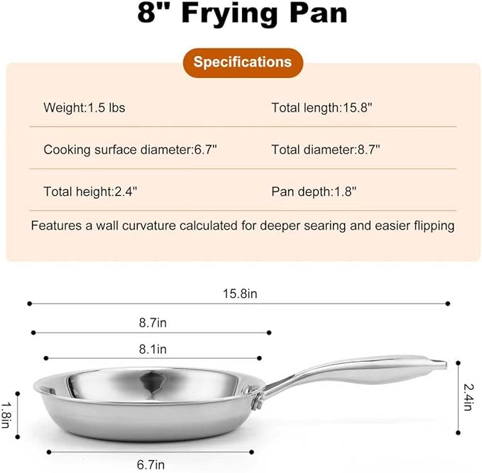 Stainless Steel Pan 8 Inch，Non-Toxic PFAS, PFOA & PTFE Free, Compatible With All Cooktops & Induction Safe, Oven Safe Pan for Searing & Sautéing, Long Lasting Cookware. (8 Inch)