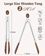 13 Inch Wooden Kitchen Cooking Tongs 2 Packs, Stainless Steel Salad Tongs with Walnut Wood Tip, Serving Food Toaster, Grilling Outdoor BBQ, Smooth Locking & Hanging Cooking Utensils