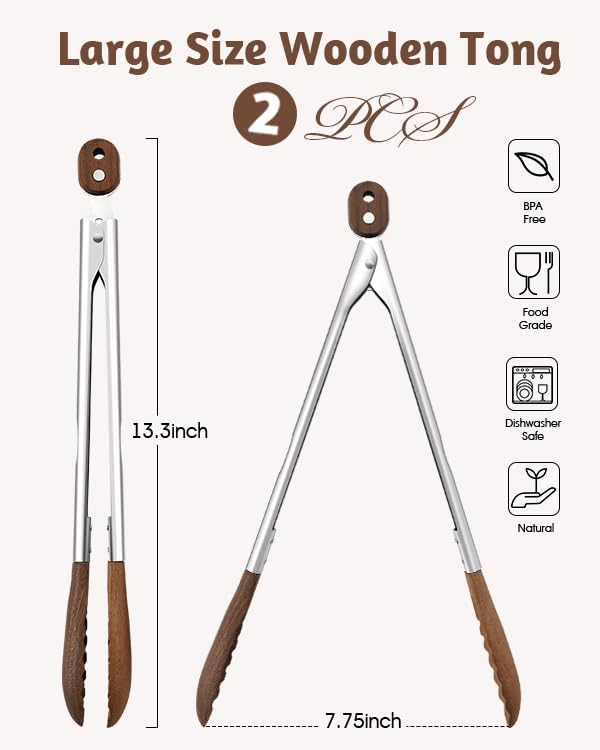 13 Inch Wooden Kitchen Cooking Tongs 2 Packs, Stainless Steel Salad Tongs with Walnut Wood Tip, Serving Food Toaster, Grilling Outdoor BBQ, Smooth Locking & Hanging Cooking Utensils