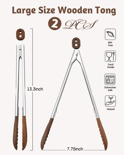 13 Inch Wooden Kitchen Cooking Tongs 2 Packs, Stainless Steel Salad Tongs with Walnut Wood Tip, Serving Food Toaster, Grilling Outdoor BBQ, Smooth Locking & Hanging Cooking Utensils