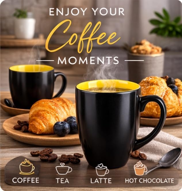 GBhome 12oz Coffee Mugs Set of 6, Large Ceramic Coffee Mugs for Man, Woman, Dad, Mom, Modern Coffee Mugs Set with handle for Tea/Latte/Cappuccino/Milk/Cocoa. Dishwasher&Microwave Safe,Yellow