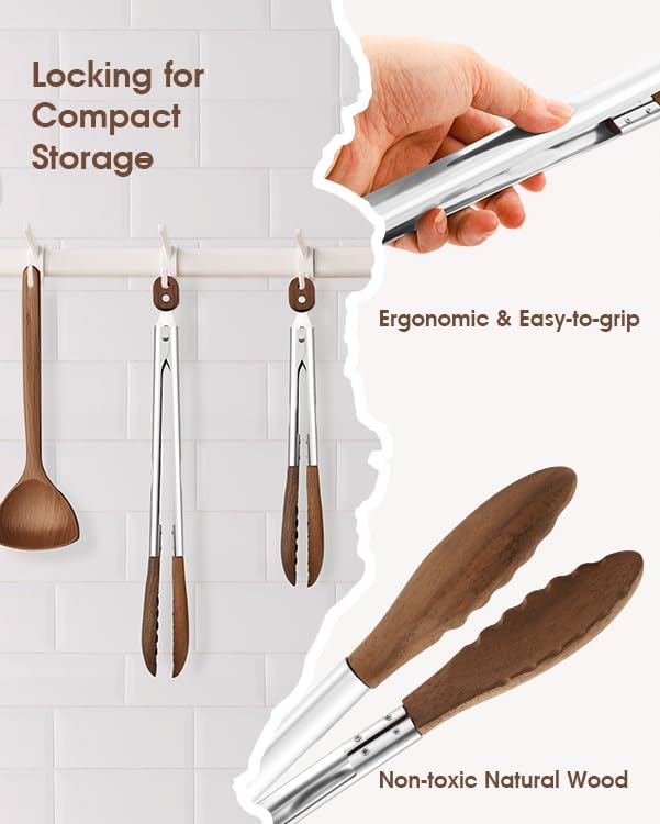 13 Inch Wooden Kitchen Cooking Tongs 2 Packs, Stainless Steel Salad Tongs with Walnut Wood Tip, Serving Food Toaster, Grilling Outdoor BBQ, Smooth Locking & Hanging Cooking Utensils