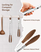 13 Inch Wooden Kitchen Cooking Tongs 2 Packs, Stainless Steel Salad Tongs with Walnut Wood Tip, Serving Food Toaster, Grilling Outdoor BBQ, Smooth Locking & Hanging Cooking Utensils