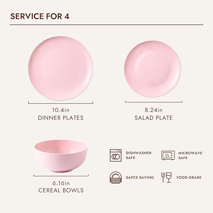 KINGSTONE 12-Piece Bone China Dinnerware Set for 4, Lightweight Porcelain Round Plates and Bowls Set, Durable Scratch Resistant Ceramic Dinner Set, Microwave & Dishwasher Safe, Sakura Pink
