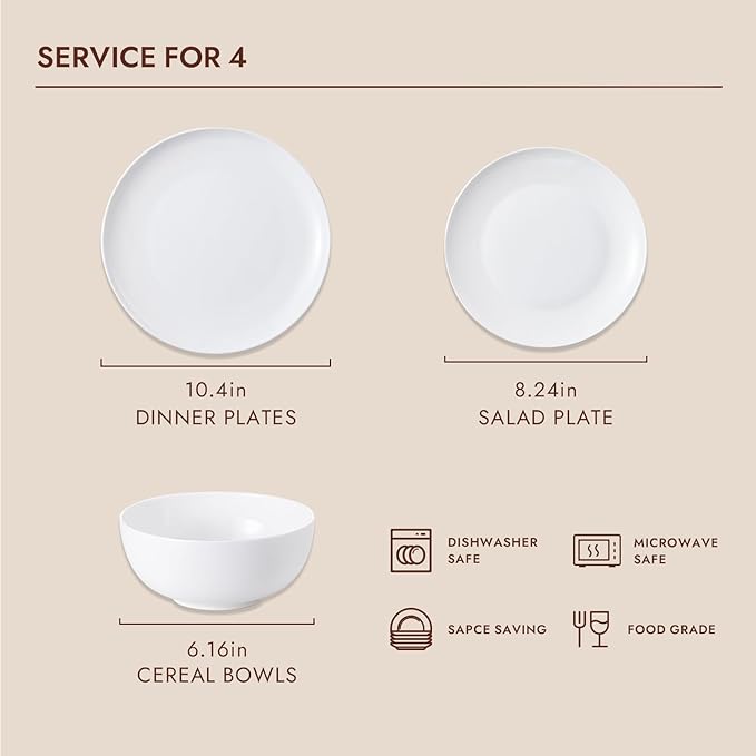 KINGSTONE 12-Piece Bone China Dinnerware Set with 20-Piece flatware, Ivory White Lightweight Porcelain Service for 4, for Family Dining, Restaurants, Gifting, Microwave and Dishwasher Safe