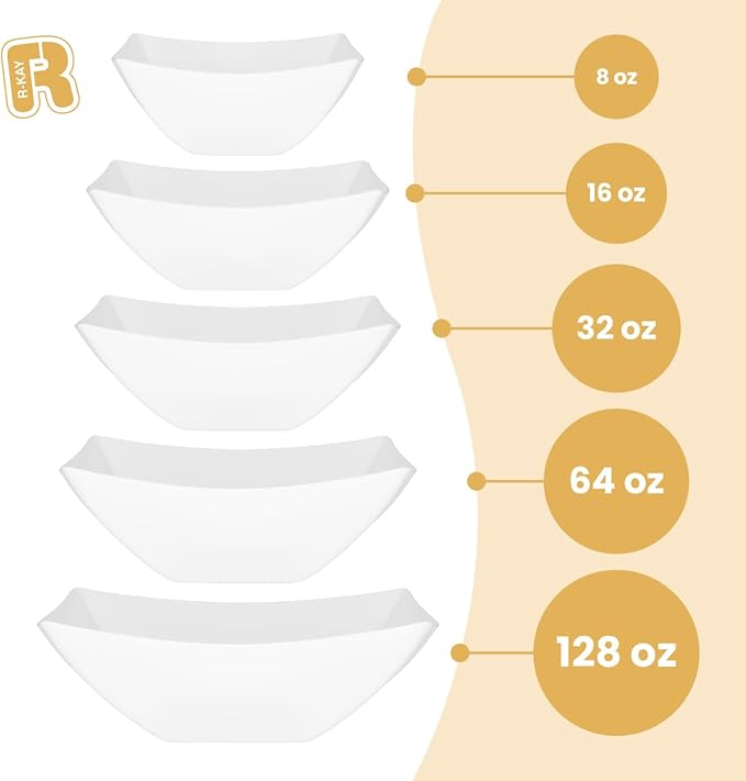 R-kay 6 Pack Square Plastic White Serving Bowls - White Plastic bowls 64 Oz - Salad Bowls Large Serving - Premium Heavy Duty For Weddings Catering And Birthday parties
