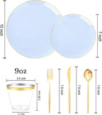 bUCLA 150PCS Blue Plastic Plates - Light Blue and Gold Disposable Include 25 Each (Dinner & Dessert) Plates, 25 Knives, 25 Forks, 25 Spoons and 25 Cups, Ideal for Party, Birthday & Wedding