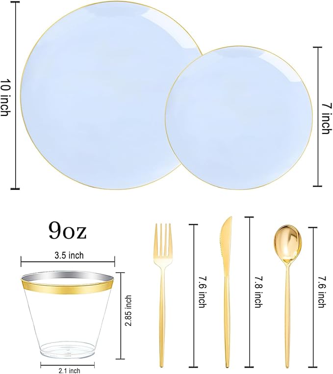 bUCLA 150PCS Blue Plastic Plates - Light Blue and Gold Disposable Include 25 Each (Dinner & Dessert) Plates, 25 Knives, 25 Forks, 25 Spoons and 25 Cups, Ideal for Party, Birthday & Wedding
