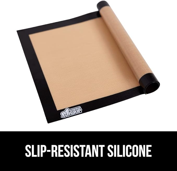 GORILLA GRIP Food Grade Reusable Nonstick Silicone Baking Mat, 16.5x11.87, Half Sheet, Oven Safe Cookie Sheet Liners, Up to 500 Degrees, No Mess Easy Clean Pastry Mats, Kitchen Essentials, 2PK, Black