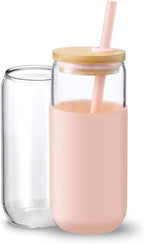 20oz Glass Water Tumbler with Silicone Protective Sleeve - Beer Shaped Glass Cups with Straw and Bamboo Lid, Iced Coffee Glasses, Cute Drinking Glasses for, Water Smoothie, Boba Tea, Gift - Pink